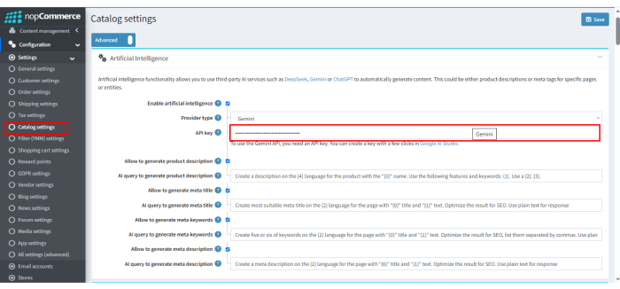 AI content generation settings in nopCommerce 4.90 catalog configuration