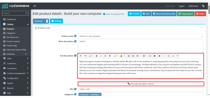 AI-generated product description in nopCommerce 4.90 product edit dashboard