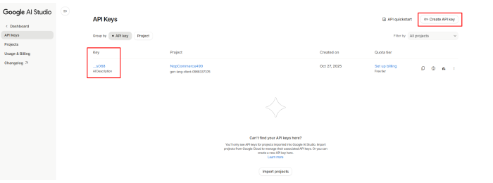 Google AI Studio dashboard showing API key creation for nopCommerce integration