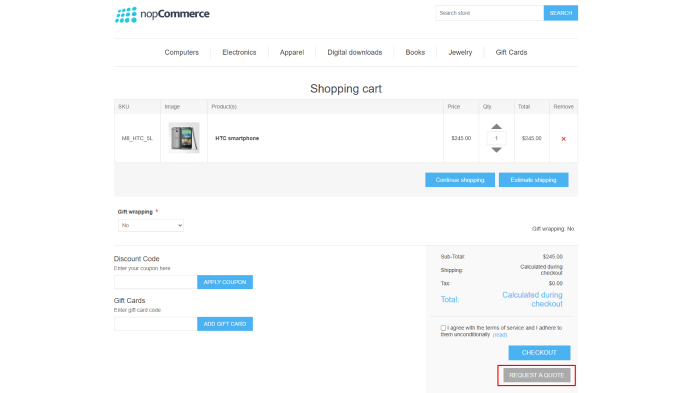Request a Quote button on nopCommerce 4.90 shopping cart page