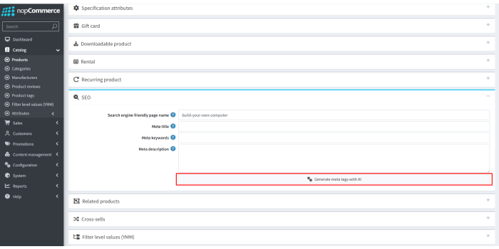 AI-generated SEO meta tags for product pages in nopCommerce 4.90