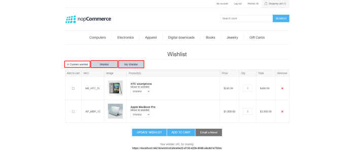 Multiple wishlists feature on nopCommerce 4.90 product page interface