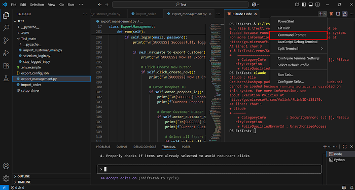 Opening Command Prompt in Visual Studio Code terminal