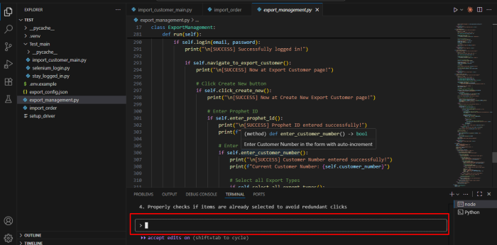 VS Code terminal showing Claude AI Selenium prompt