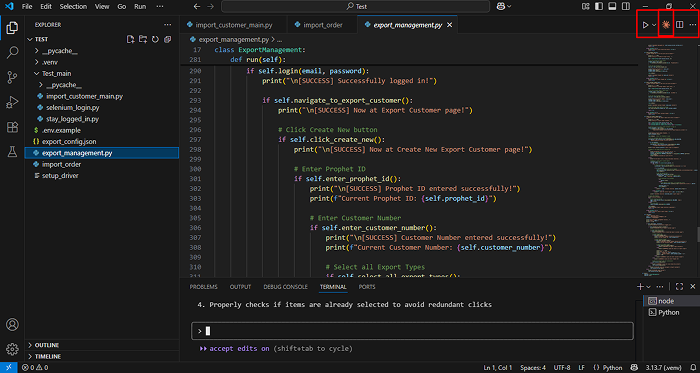 Top-right Run and Debug menu in Visual Studio Code