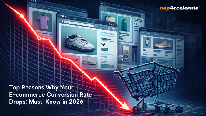 Ecommerce conversion rate drop shown with falling graph and abandoned shopping cart